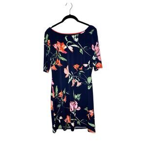 Eliza‎ J Womens Floral Shift Dress 8 Career Office Short Sleeve Stretchy Blue